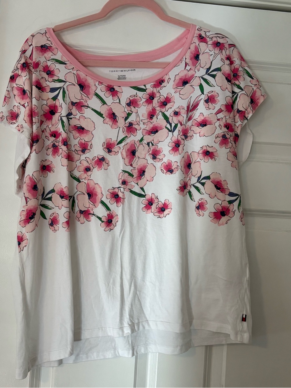 Tommy Hilfiger White Tee with Pink Floral Scoop Neck